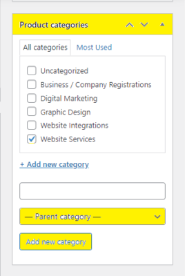 Adding product categories in wordpress website
