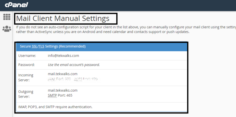 cpanel for email smtp client configuration at tekwalks3