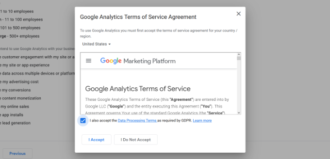 When you click on the "Create" button, a popup window will appear displaying the terms of service agreement for Google Analytics. To proceed, check the box that says "I also accept the Data Processing Terms as required by GDPR" and then click the "I Accept" button.